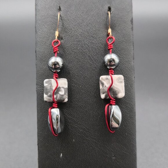 Jewelry - Copper And Red Wire Hematite And Zebra Agate Earrings A6606